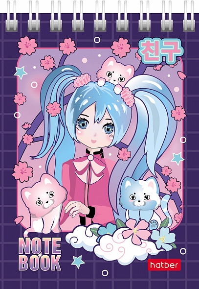 Блокнот А7 60л клетка спираль ХАТБЕР Неко-Тян аниме, арт. 60Б7В1гр