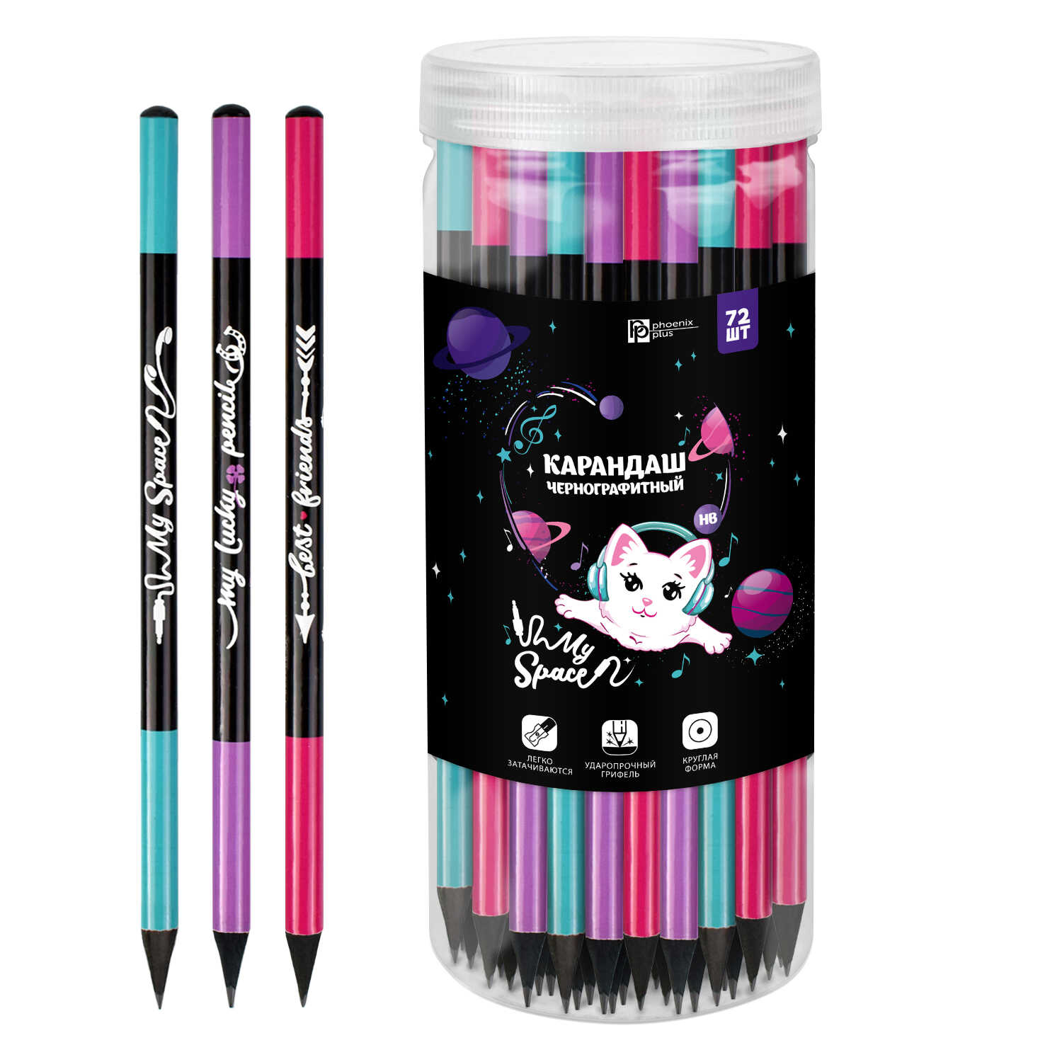 Карандаш чернографитный черное дерево HB ФЕНИКС Надписи корпус ассорти, арт. 57465