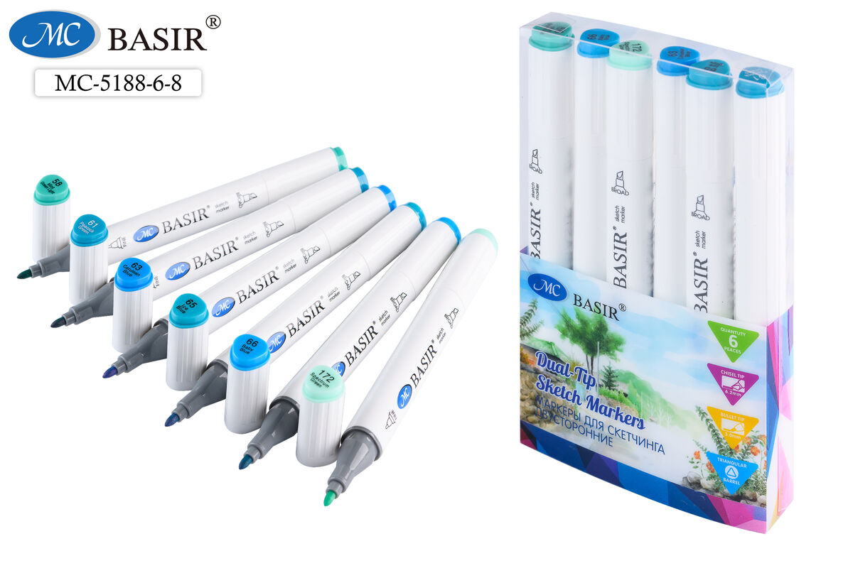 Набор маркеров д/скетчинга 6цв 1-7мм MC BASIR Морской бриз трехгранные двухсторонние, арт. МС-5188-6-8