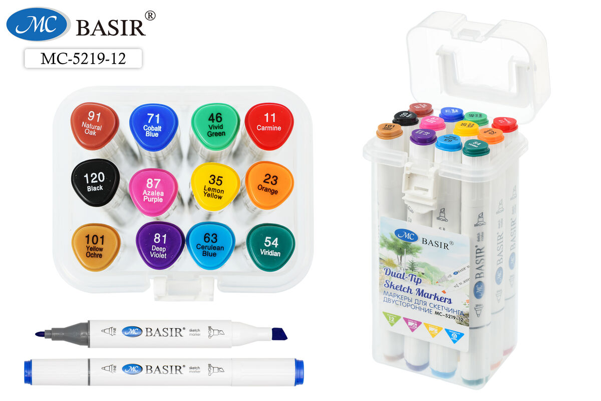 Набор маркеров д/скетчинга 12цв 1-7мм MC BASIR трехгранные двухсторонние пластиковый бокс, арт. MC-5219-12