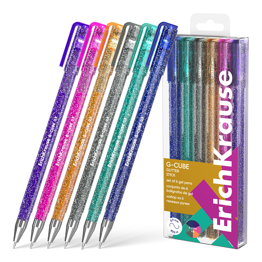 Ручки в наборе гелевые  6цв ERICH KRAUSE G-Cube Stick Glitter с блестками, арт. 61458