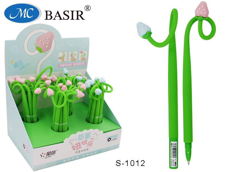 Ручка шариковая синяя с фигуркой MC BASIR Клубника корпус силиконовый, арт. S-1012