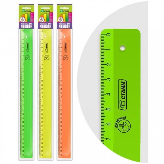 Линейка 30см пластиковая для левшей СТАММ Neon ассорти, арт. ЛН38