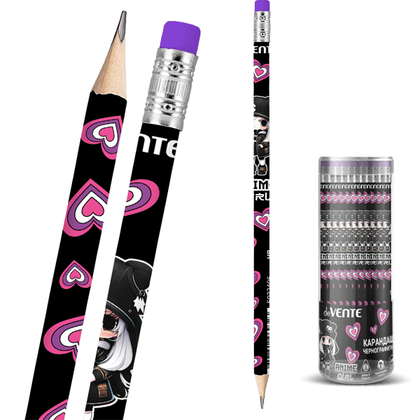 Карандаш чернографитный с ластиком трехгранный HB deVENTE Anime Girl корпус черный , арт. 5032406