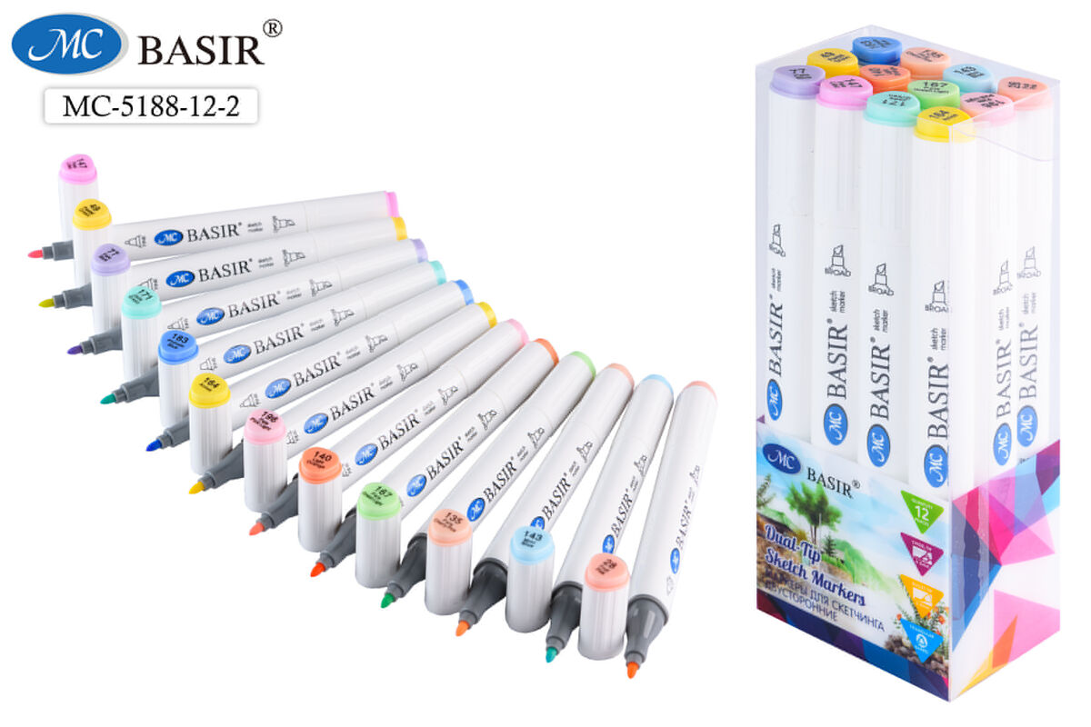 Набор маркеров д/скетчинга 12цв 1-7мм MC BASIR пастельные тона трехгранные двухсторонние, арт. МС-5188-12-2