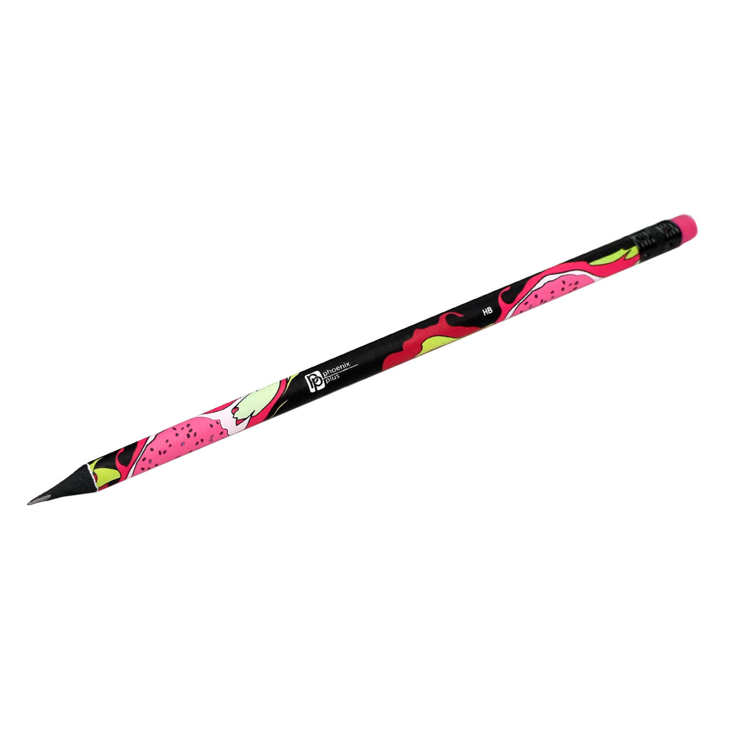Карандаш чернографитный с ластиком трехгранный черное дерево HB ФЕНИКС Тропические фрукты корпус ассорти, арт. 63682