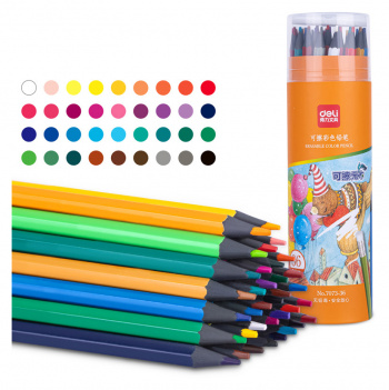 Карандаши цветные 36цветов DELI пластиковые стираемые картонный тубус, арт. 7073-36