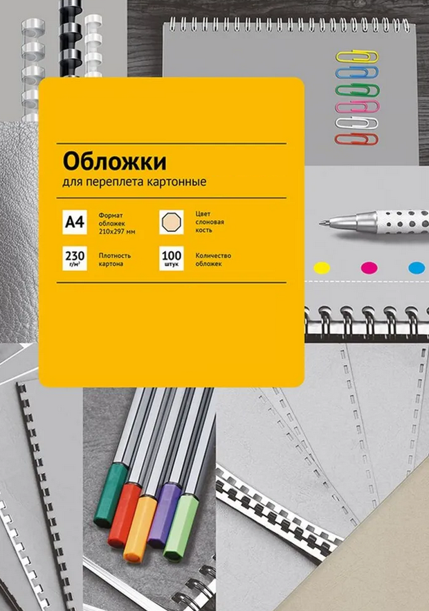Обложка для брошюрирования А4 картон 230г/м2 ГЕЛЕОС слоновая кость кожа 100шт/упак, арт. CCA4I