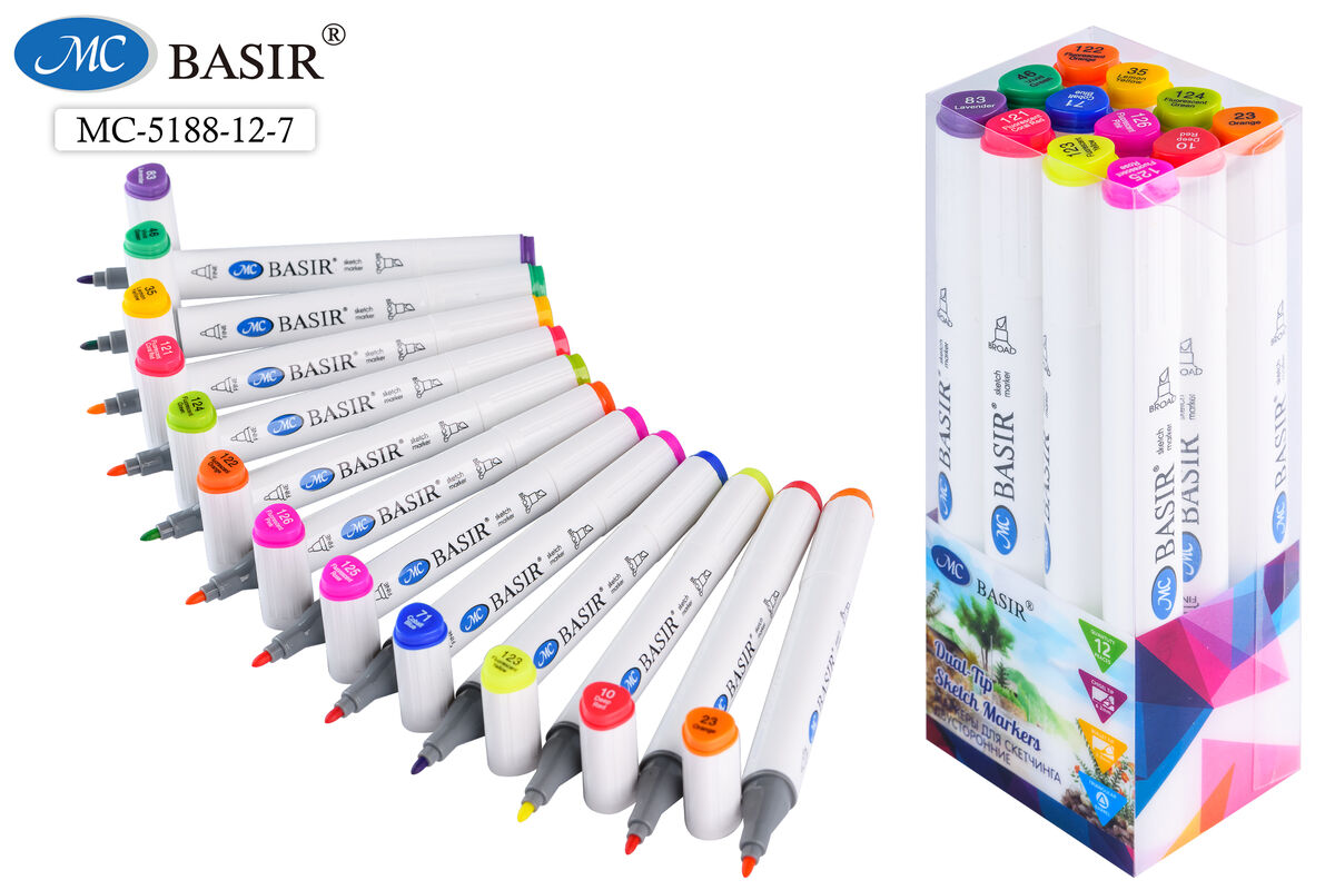 Набор маркеров д/скетчинга 12цв 1-7мм MC BASIR Яркое лето трехгранные двухсторонние круглый/скошенный, арт. МС-5188-12-7