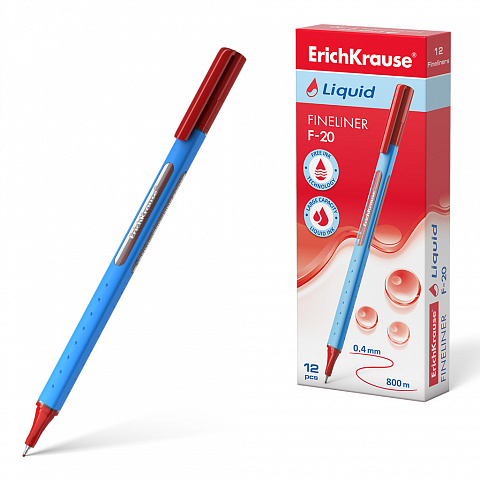 Ручка капиллярная красная 0,4мм E.K. F-20 Liquid корпус синий трехгранный soft-touch, арт. 47971