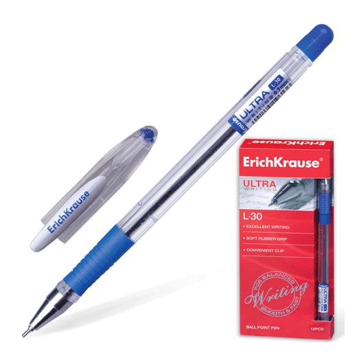 Ручка шариковая синяя игла ERICH KRAUSE Ultra L-30 корпус прозрачный с резиновым держателем масляный стержень 140мм, арт. 19613