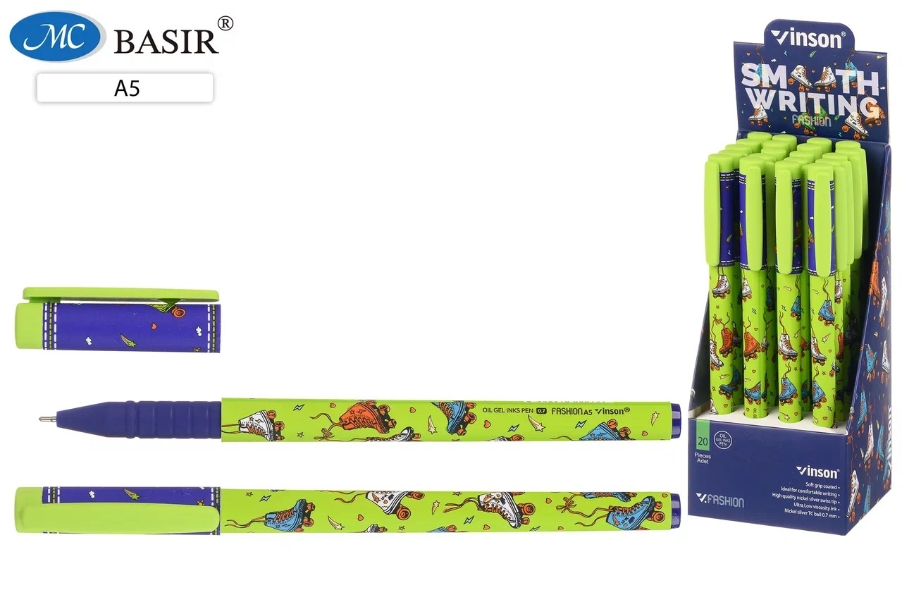 Ручка шариковая синяя игла 0,7/0,5 VINSON Inline skate корпус с рисунком soft-touch масляный стержень, арт. А5/lnline skate A5