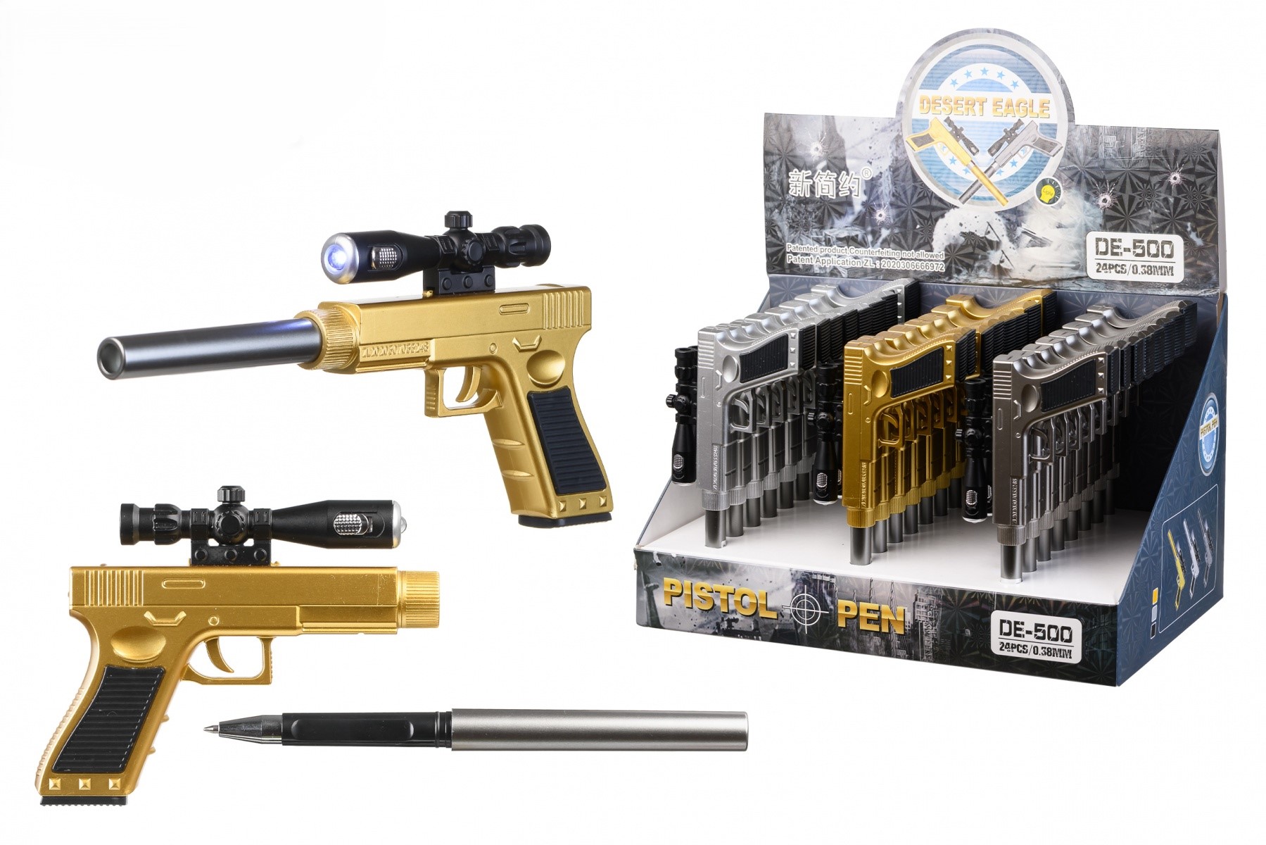 Ручка шариковая синяя фигурная MC BASIR Пистолет прицел фонарик корпус ассорти, арт. DE-500