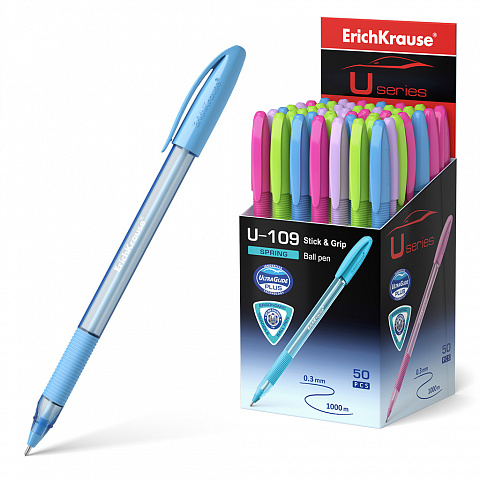 Ручка шариковая синяя игла 1,0/0,3 ERICH KRAUSE U-109 корпус ассорти тонированный трехгранный с резиновым держателем масляный стержень, арт. 58109