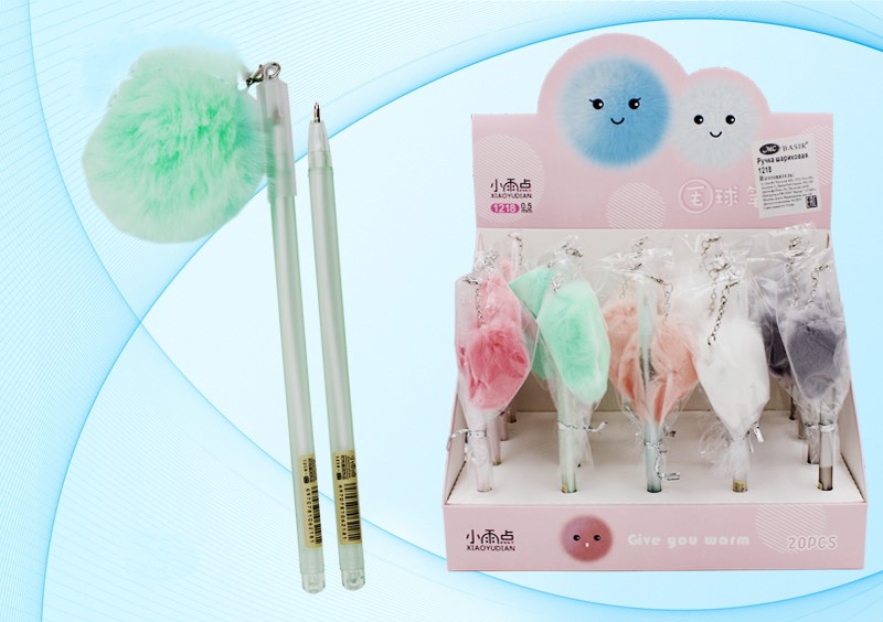 Ручка шариковая синяя с подвеской MC BASIR Пушистик-шарик корпус ассорти , арт. 1218