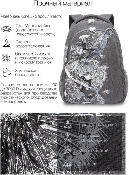 Рюкзак школьный GRIZZLY темно-серый мягкий уплотненная спинка вентилируемые вставки, арт. RD-242-1/3