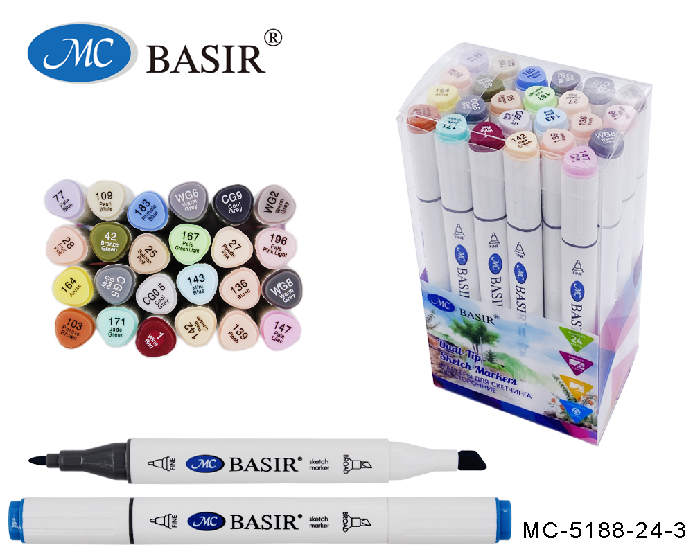 Набор маркеров д/скетчинга 24цв 1-7мм MC BASIR серые пастельные тона трехгранные двухсторонние, арт. MC-5188-24-3
