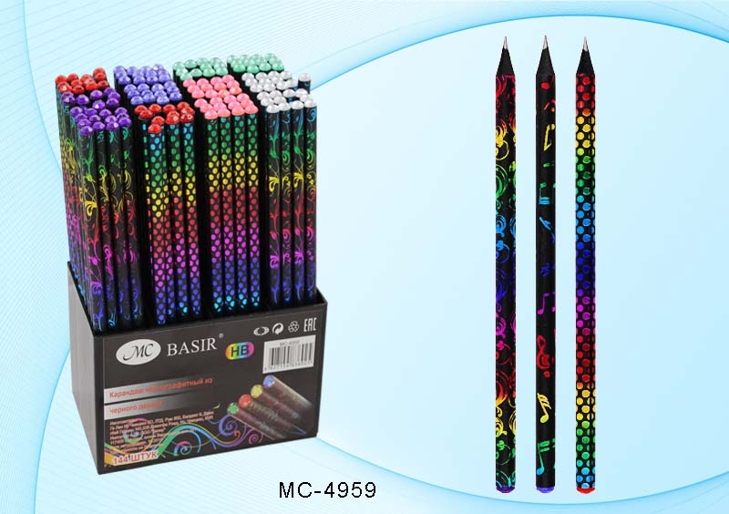 Карандаш чернографитный черное дерево HB МС BASIR корпус голографический ассорти, арт. МС-4959