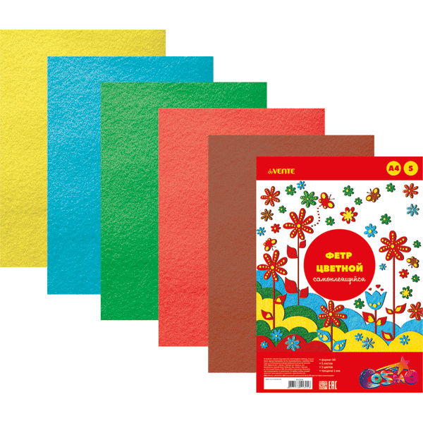 Фетр цветной самоклеящийся А4 5цв 5л 2мм deVENTE Hobby Creative Яркие цвета, арт. 8040690