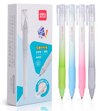 Ручка пиши-стирай гелевая черная игольчатый стержень DELI корпус ассорти с резиновым держателем , арт. A660