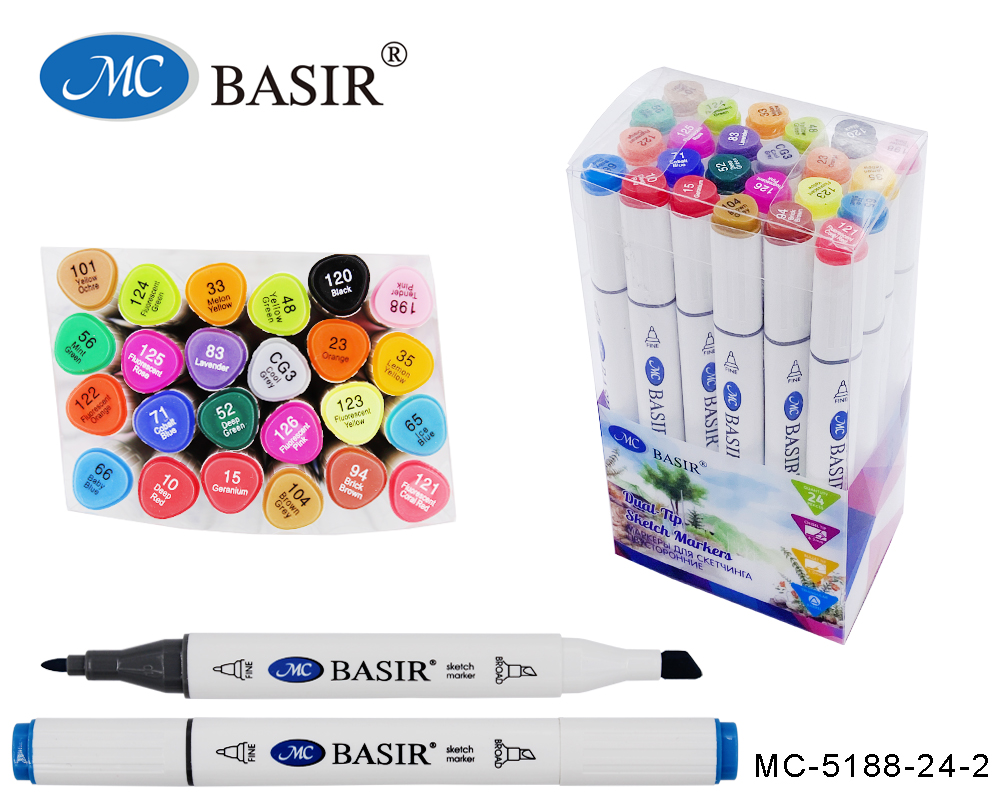 Набор маркеров д/скетчинга 24цв 1-7мм MC BASIR Яркое ассорти трехгранные двухсторонние круглый/скошенный, арт. МС-5188-24-2