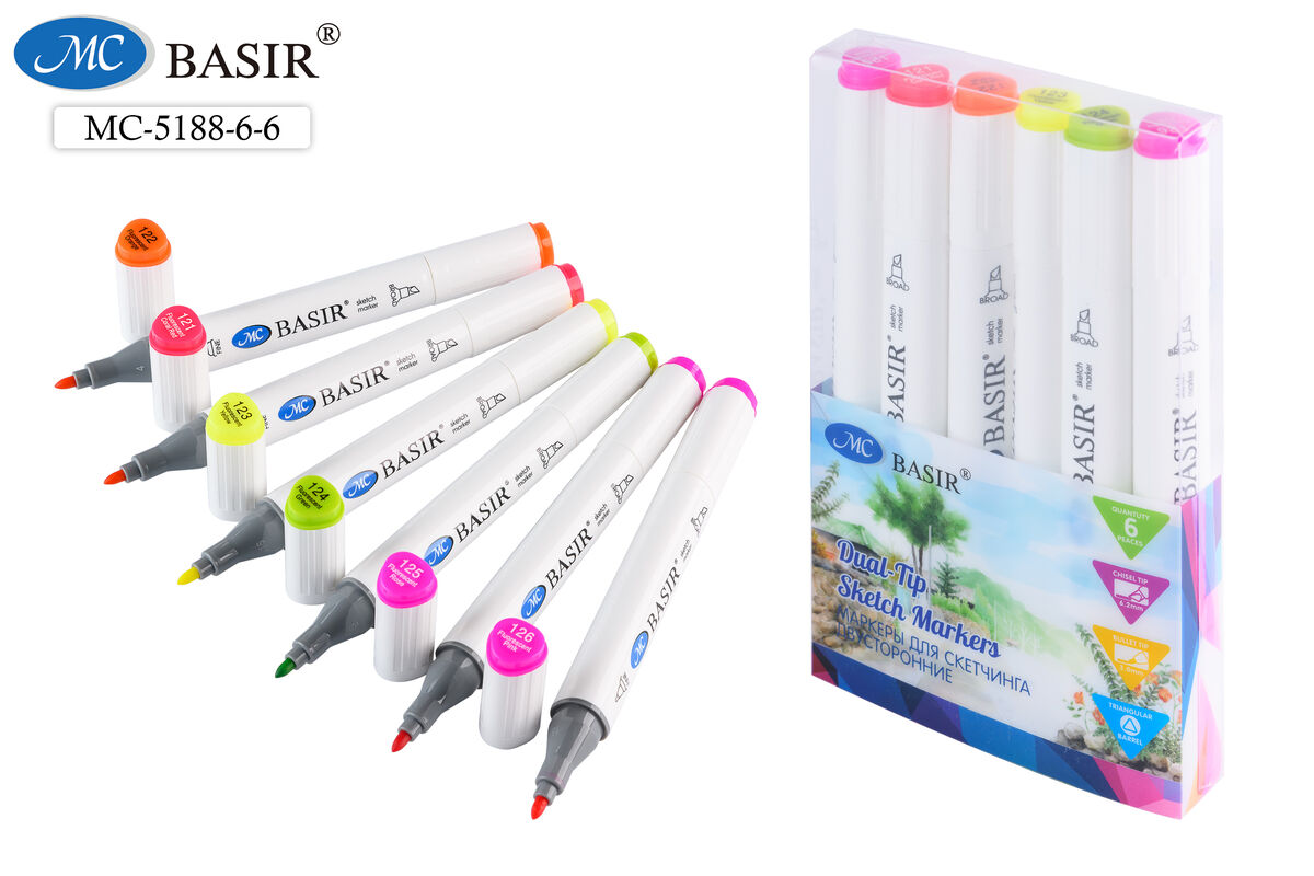 Набор маркеров д/скетчинга 6цв 1-7мм MC BASIR Яркое лето трехгранные двухсторонние, арт. МС-5188-6-6