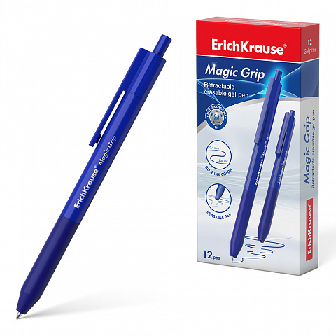Ручка пиши-стирай гелевая автоматическая синяя ERICH KRAUSE Magic Grip корпус синий с резиновым держателем, арт. 48198
