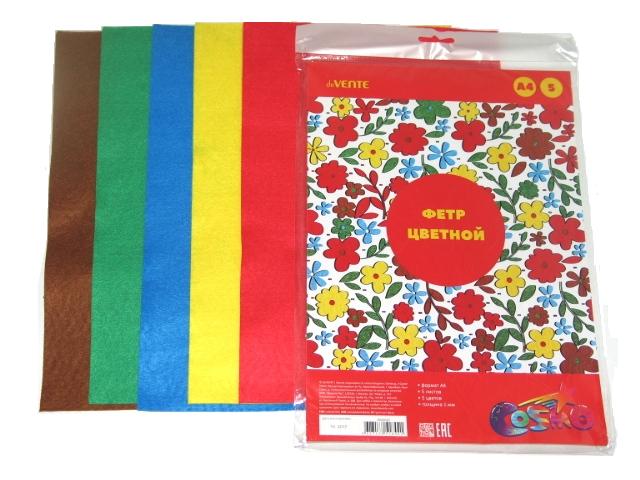 Фетр цветной А4  5цв 5л 1мм deVENTE Яркие цвета, арт. 8040682