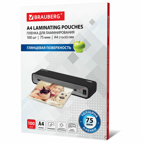 Пленка для ламинирования А4 216*303 75мкм BRAUBERG 100шт/упак, арт. 530800