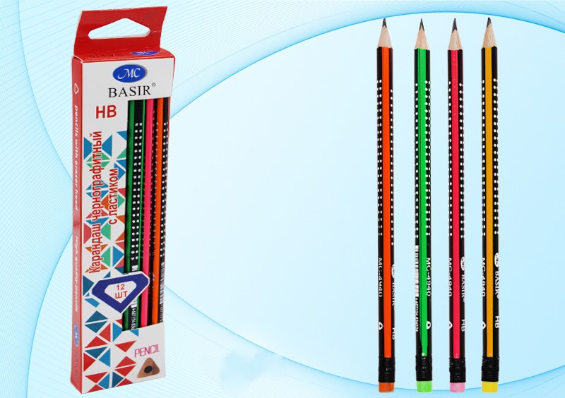 Карандаш чернографитный с ластиком трёхгранный HB MC BASIR Точки корпус ассорти, арт. МС-4940
