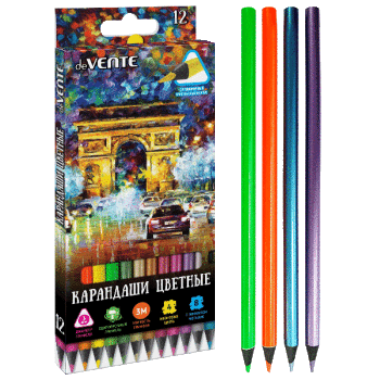 Карандаши цветные 12цветов deVENTE CosmoTrio 4цвета неон+8цветов металлик трехгранные, арт. 5022010/5022218