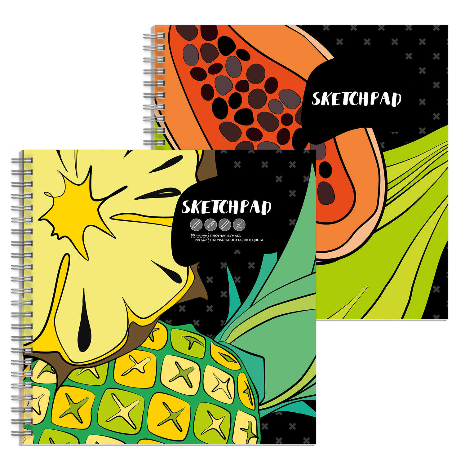 Альбом для эскизов/скетчпад 195*195 80л 100г/м2 спираль ФЕНИКС Тропические фрукты перевертыш , арт. 63074