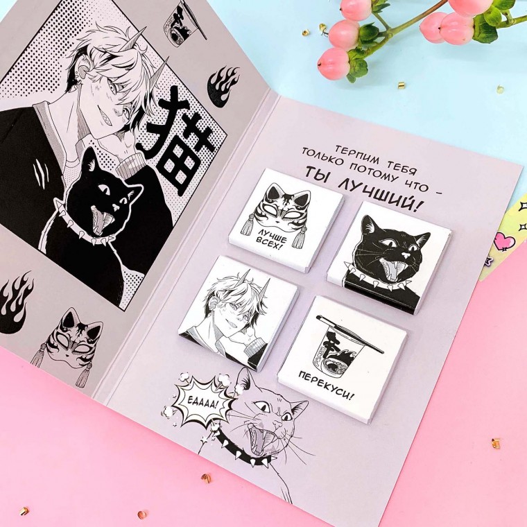 Открытка с Шоколадом Мальчик и кот Ч/Б, арт. ОТШ-09